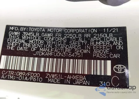 2022 Toyota Prius Le z USA, uszkodzony, nr VIN JTDKAMFU0N3164751